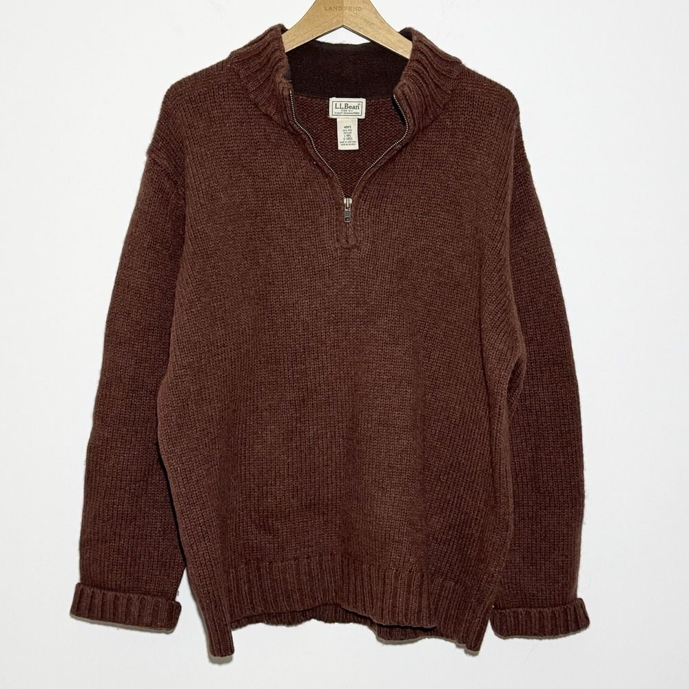 VTG LL Bean Sweater‎ Mens Large Reg Brown Shetland Wool 1/4 Zip Elbow Patches